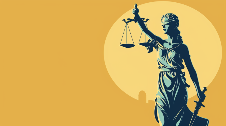 Illustration of Justitia holding up her scales and a sword.