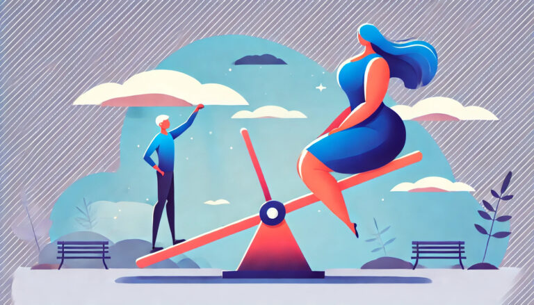 Illustration eines Mannes und einer Frau auf einer Wippe, wobei die grössere Frau weniger Gewicht hat als der leichtere Mann. Dies soll die Funktionsweise von Stimmrechtsaktien illustrieren.