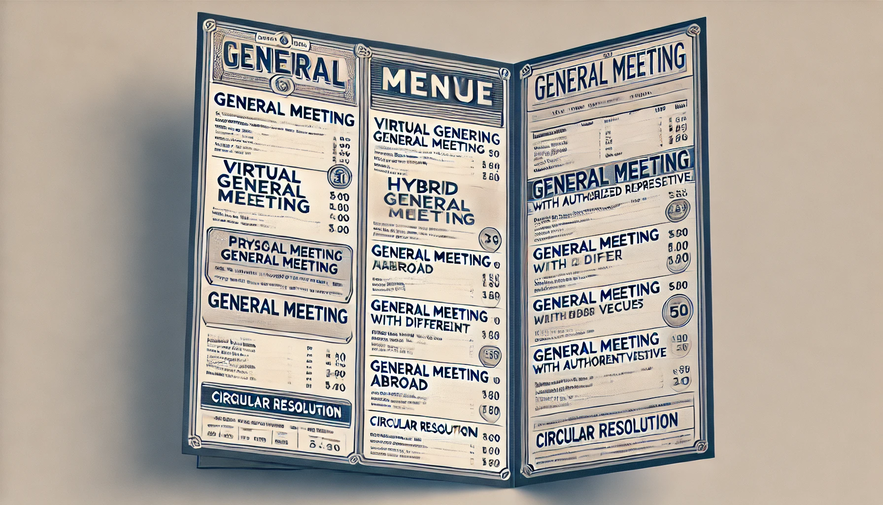 Symbolbild einer Menukarte mit den verschiedenen GV-Formen nach Schweizer Recht im Angebot